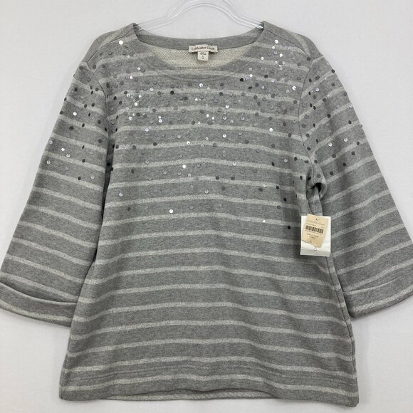 New Coldwater Creek size Large Gray Striped Sequins 3/4 Sleeve Stretch Knit Top - Picture 1 of 11